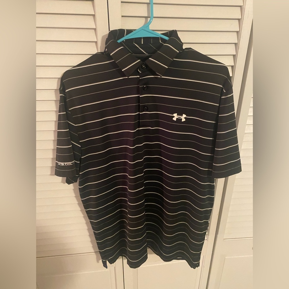 Men’s Black and White Striped Golf Polo